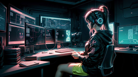 Young caucasian woman pro gamer streamer playing in online video game, neon color soft focus.の素材