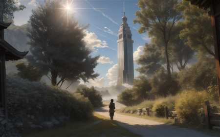 Fantasy character looking over a fantastic medieval city landscape. Magician, warrior, adventurer looking over a magic world. Digital fantasy artwork.の素材