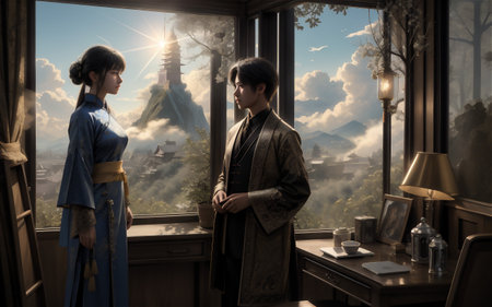 Fantasy character looking over a fantastic medieval city landscape. Magician, warrior, adventurer looking over a magic world. Digital fantasy artwork.の素材