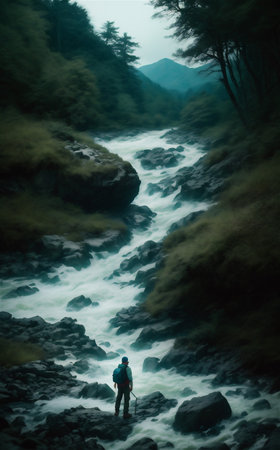 Natural waterfall with rocks and green mossの素材