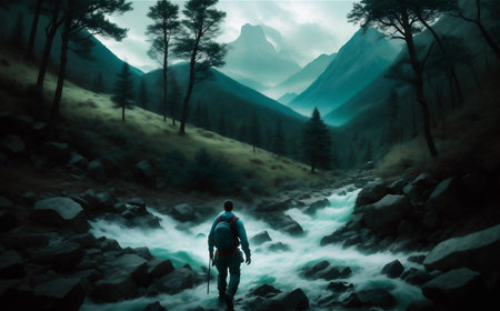 Natural waterfall with rocks and green mossの素材