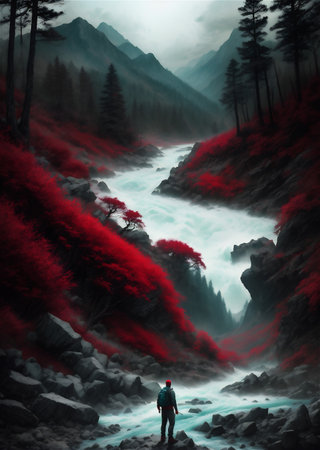 Natural waterfall with rocks and green mossの素材