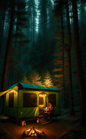 beautiful camping outdoor, background illustration.の素材
