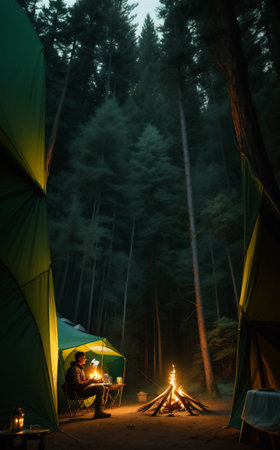 beautiful camping outdoor, background illustration.の素材