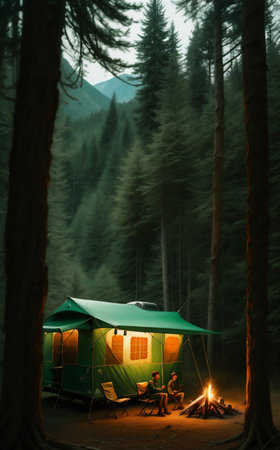 beautiful camping outdoor, background illustration.の素材
