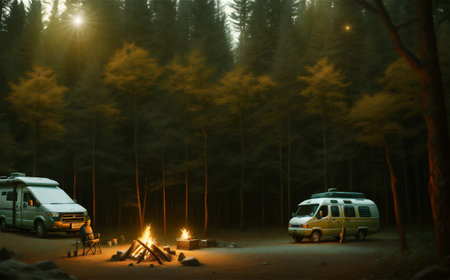 beautiful camping outdoor, background illustration.の素材
