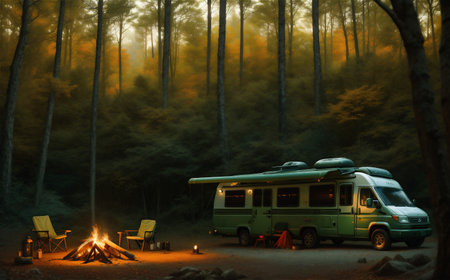 beautiful camping outdoor, background illustration.の素材