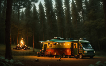beautiful camping outdoor, background illustration.の素材