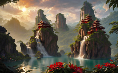 Mountain and lake Landscape. Cartoon mountains, forest and river scene. Wildlife mystical, Hiking adventureの素材