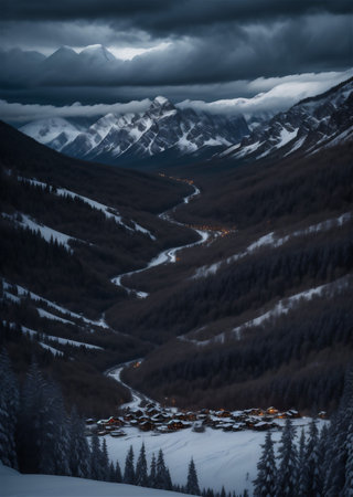 The mountain top winter covered with clouds. mountain landscape.の素材