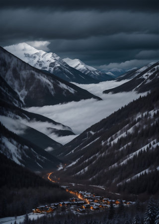 The mountain top winter covered with clouds. mountain landscape.の素材