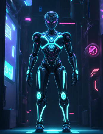 3d rendering of a male robot with neon lights in the backgroundの素材