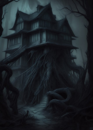 Halloween background with haunted house and spooky tree. 3D renderingの素材