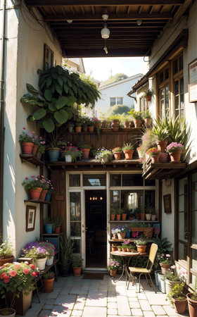 Interior view of a cozy terrace with flowers and plants.の素材