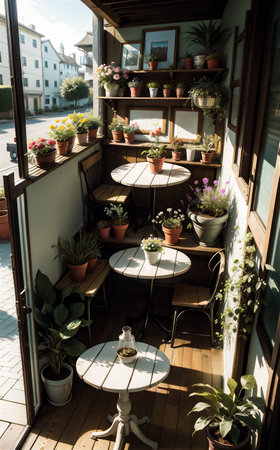 Cafe terrace with tables, chairs, flowers and plants.の素材