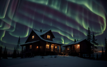 Fantastic winter landscape with wooden house with light in window in snowy mountains and northern light in night sky. Christmas holiday and winter vacations conceptの素材