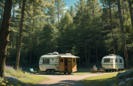 Old caravan parked in a camping area in typical camping groundsの素材