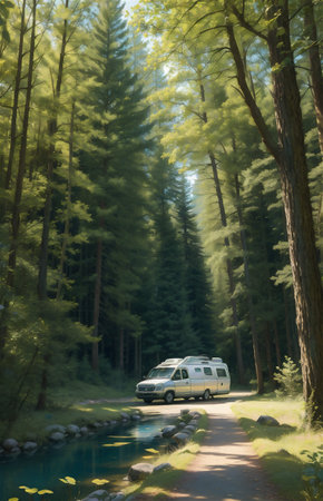 Old caravan parked in a camping area in typical camping groundsの素材