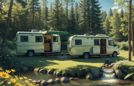 Old caravan parked in a camping area in typical camping groundsの素材