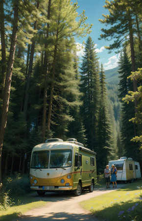 Old caravan parked in a camping area in typical camping groundsの素材