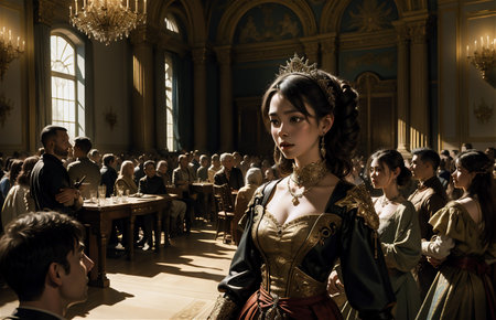 The Victorian era concept. Beautiful woman in elegant historical dress and hairstyle posing in vintage interior.の素材