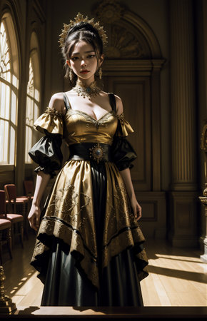 The Victorian era concept. Beautiful woman in elegant historical dress and hairstyle posing in vintage interior.の素材