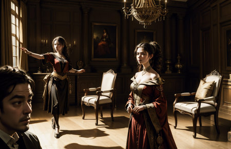 The Victorian era concept. Beautiful woman in elegant historical dress and hairstyle posing in vintage interior.の素材