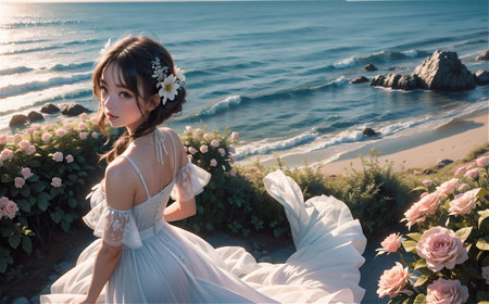 Beautiful asian woman in a wedding dress on the beach.の素材