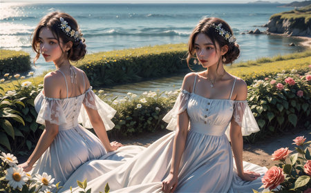 charming asian women in wedding dresses sitting on the promenadeの素材