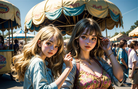 Beautiful and attractive girl at the festival site. Attractive girl posing at the Carnival in the 90sの素材