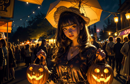 Portrait of beautiful young asian woman in orange dress with halloween decorationの素材