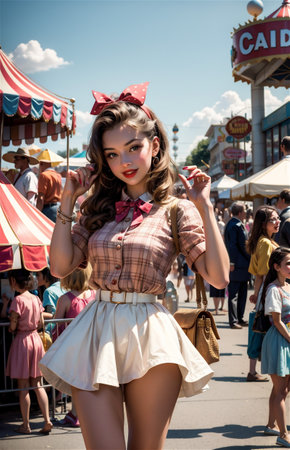 a young beautiful girl from the 1950s having fun at a carnivalの素材