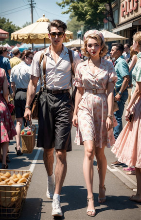 A young beautiful couple from 1950s having fun at a carnivalの素材
