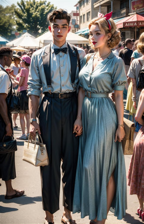 A young beautiful couple from 1950s having fun at a carnivalの素材