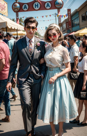 A young beautiful couple from 1950s having fun at a carnivalの素材
