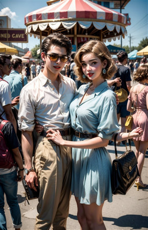 A young beautiful couple from 1950s having fun at a carnivalの素材