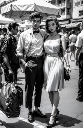 A young beautiful couple from 1950s having fun at a carnivalの素材