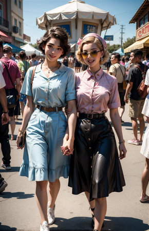 A young beautiful couple from 1950s having fun at a carnivalの素材