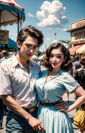 A young beautiful couple from 1950s having fun at a carnivalの素材