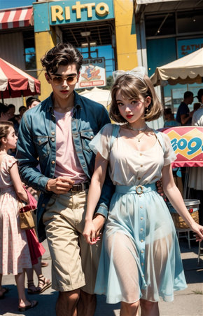A young beautiful couple from 1950s having fun at a carnivalの素材