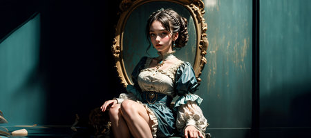 Portrait of a beautiful young woman in medieval dress sitting on a chair in a vintage interiorの素材
