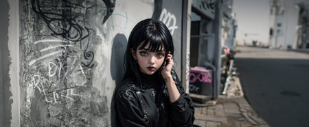Portrait of a beautiful young woman with black hair in the city.の素材