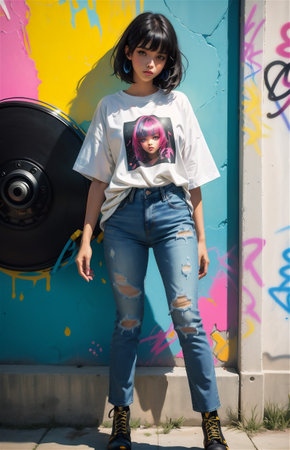 Beautiful girl posing in front of graffiti wall. Beautiful girl on the street with graffiti walls.の素材