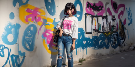 Beautiful girl posing in front of graffiti wall. Beautiful girl on the street with graffiti walls.の素材