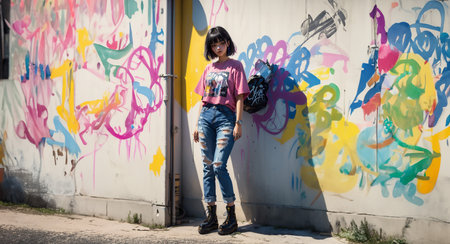 Beautiful girl posing in front of graffiti wall. Beautiful girl on the street with graffiti walls.の素材