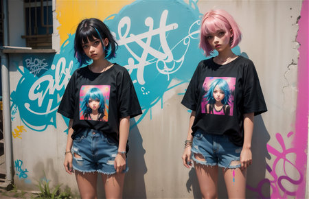 Beautiful girl posing in front of graffiti wall. Beautiful girl on the street with graffiti walls.の素材