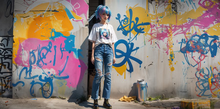 Young hipster girl with colorful graffiti on the wall. Urban lifestyle.の素材