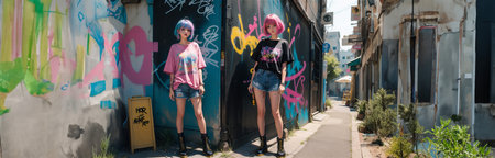 Beautiful girl posing in front of graffiti wall. Beautiful girl on the street with graffiti walls.の素材