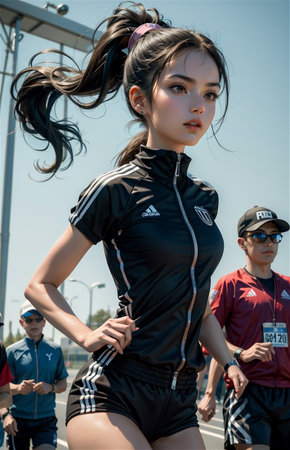 running and woman for fitness, exercise and speed training, outdoor challenge and focus on road. Fast professional runner, athleteの素材