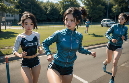 running and woman for fitness, exercise and speed training, outdoor challenge and focus on road. Fast professional runner, athleteの素材